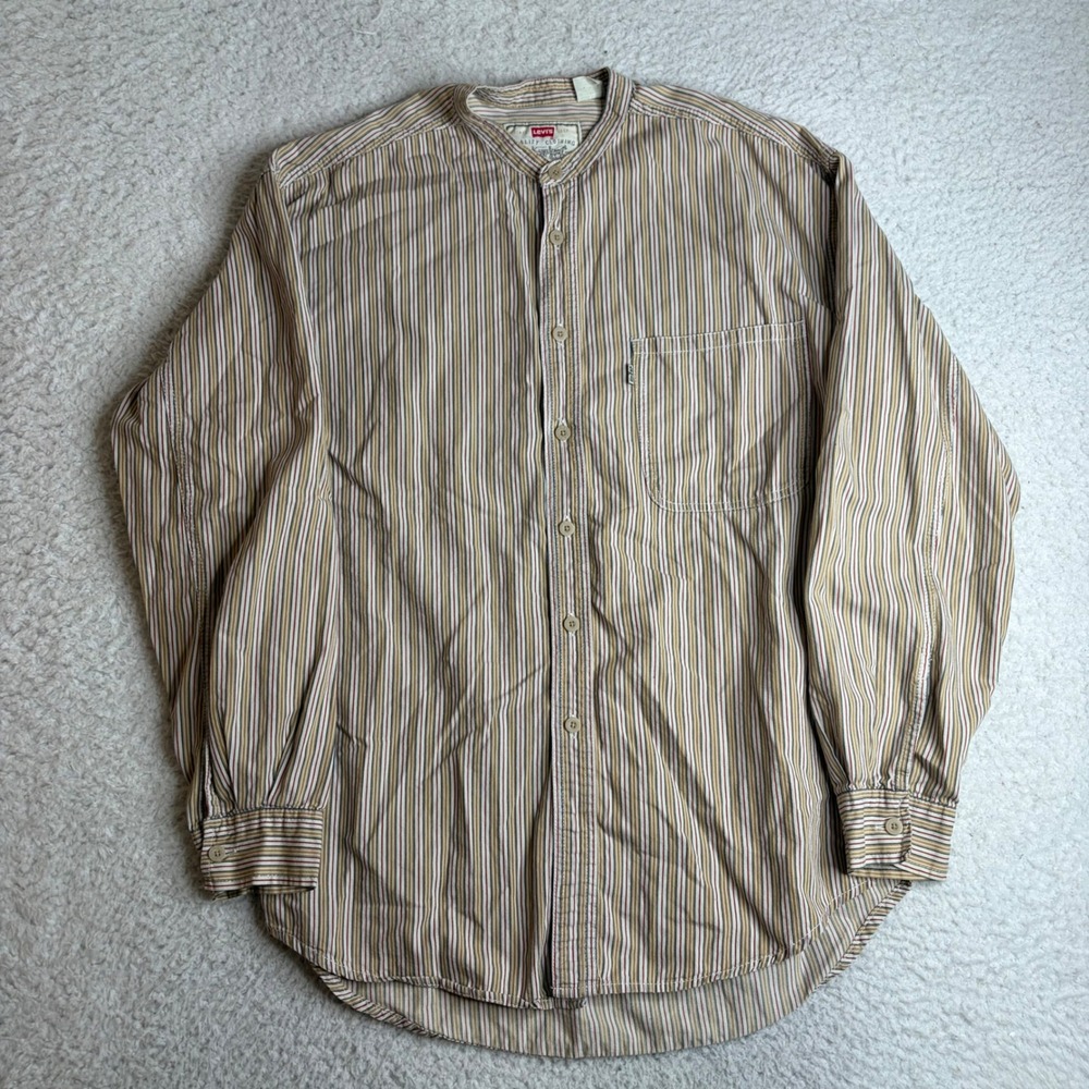 Levis Mens Band Collar Striped Button Down Shirt Cotton Tan Red Blue Size M